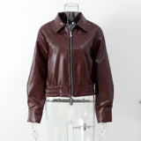 Burgundy Pu Leather Zipper Biker Jacket-Outfit