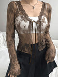 Open Front Lace Long Sleeve Crop Blouse-Outfit