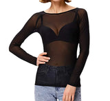Fongt 2023 Autumn Black Full Transparent Mesh Yarn Bottom Shirt Female Long Sleeve Sexy Perspective Thin Net Shirt Super Elastic Gauze