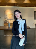 Fongt Xixi 2025 Autumn White Standard Korean Version Of Elegant Temperament Solid Color Tie With Thin Knitted Shirt Top Women 89543