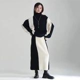 new knitted women thickened turtleneck color-blocked sweater skirt y2k Korean style lazy slim two-piece suit-Outfit