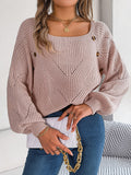 Fongt 2025 Casual Square Collar Button Solid Color Hollow Lantern Sleeve Sweater Temu Women's Clothing