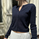 Solid Color Cable Knit Round Neck Cardigan-Outfit