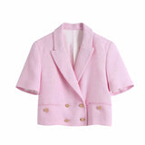 Women Sweet Double Breasted Notched Collar Pink Tweed Woolen Short Blazer Coat Vintage Female Outerwear Chic Tops