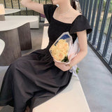 Sweet Slim High Waist Smocked Women Midi Dress Big Hem Square Neck Lady