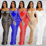 Fashion Women's Hot Diamond Mesh Perspective Long Sleeve Dress-Outfit