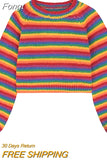 Women Colorful Striped Rainbow Knitted Sweater 2023 Autumn Winter Korean Style Casual Long Sleeve Pullover Female Crop