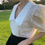 Summer Hollow Flower Lace Blouse Women Korean Chic Puff Short Sleeve Woman Shirt Peter Pan Collar Solid Loose Tops