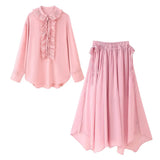 Fongt Women's Summer Folding V-Neck Folding Collar Trim With Chiffon Long-Sleeved Shirt Skirt Suit