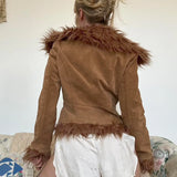 Fongt Retro Millard Hair Collar Flower Embroidery Short Warm Coat Thairy Blouse