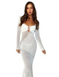 Women's Fall 2023 New Hollow Out Long Sleeve Knit Low-Cut Sexy Backless Dress-Outfit