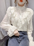 Ruffle Stitching Elegant Lace Blouse Long Sleeve Loose Chiffon Shirts Korean Style Stand Collar Pleated Top Blusas