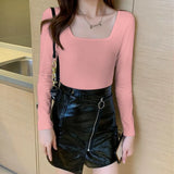 Fongt Square Collar Undershirt With The 2024 New Fall Tight Low Collar Long-Sleeved T-Shirt-Outfit