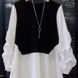 Women's Clothing Korean Houndstooth Blouse Stylish Drawstring Spring Autumn O-Neck Patchwork Casual Fake Two Pieces Folds Shirt-Outfit