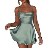 Summer New Sexy Slimming Bare Back Solid Color Sling Dress