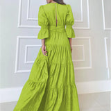 Fongt Spot 2024 Spring New Lady Fashion Temperament V Neck Long Sleeve In The Long Dress-Outfit