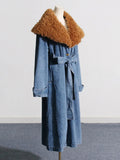 Fongt Temperament Long Trench Coat Spring 2024 New Removable Wool Collar Small Design Sense Denim Coat-Outfit