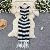 Fongt Slimming Striped Tuxedo Sweater Dress With Thin Knitted Dress Temperament Elegant