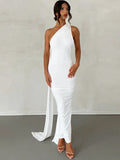 Backless Sexy Maxi Dresses for Women 2023 Diagonal Collar Pleated Bandage Dress Elegant Party Evening Bodycon Dress