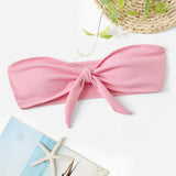 Strapless Ruched Swimsuit Women Fashion Solid Color Bow Knot Bathing Suits Beach Wear Solid Color Straps Bikinis Tops-Outfit