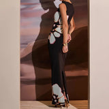 Fongt Summer New Fashion Retro Print Sleeveless Cuffed Hollow Sexy Slim Color