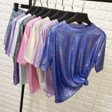 Fongt Ebay Summer Korean Version Loose Shiny Reflective Short-Sleeved T-Shirt Women-Outfit