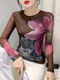 Autumn Winter Double-Layer Mesh T-shirt Female Printing Positioning Flower Long Sleeved Round Neck Slim Top FF0923-Outfit