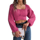 Shooting Spring And Summer Leisure Lantern Sleeves With Waist Chiffon Umbilled Tops Women's