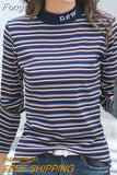 Striped T Shirts Women Cotton Letter Embroidery Slim Long Sleeve Spring Autumn Korean Casual Tshirt Half High Collar