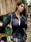Fongt Style Personality Hottie Work Clothes Imitation Denim Shirt V-Word Collar Three Buckle Cardigan Casual Top