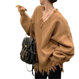 Fongt New Autumn-Winter 2023 V-Neck Sweater Female Loose Long Sleeve Lazy Wind Jacket Sweater Niche Style Broken Hole Sweater-Outfit