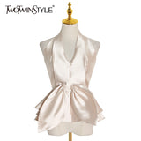 Sexy Backless Shirt For Women Halter Collar Sleeveless Patchwork Bowknot Slim Shirts Female Fashion New