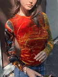 Patchwork Printed Mesh Long Sleeve Crop Top-Outfit