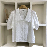 Summer Hollow Flower Lace Blouse Women Korean Chic Puff Short Sleeve Woman Shirt Peter Pan Collar Solid Loose Tops