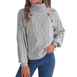 2025 Casual Solid Color Button Stung High-Collar Lantern Sleeve Sweater Women's