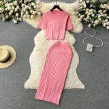 Fongt Hot Girl Suit Female Summer Korean Version Round Collar Knit Short Sleeve Short Jacket High Purse Hip Skirt Two Sets-Outfit