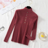 Pullover Women Sweater Autumn Knitted Button Long Sleeve Half Turtleneck Female Jumper Elastic Korean Fashion Blouse
