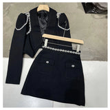 STREET Newest 2022 Designer Runway Suit Set Women's Diamonds Strass Chain Short Blazer Skirt