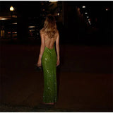 Green Sequin Backless Sling Maxi Dress-Outfit
