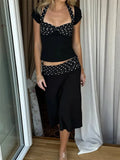 Black Polka Dot Patchwork Top And Midi Skirt Set-Outfit