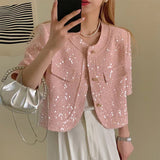 High Quality Korean Tweed Paillette Short Sleeve Jacket Coat Women Korean Fashion Sequin Short Outerwear
