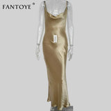 Autumn Satin Slip Dress Women Backless Spaghetti Strap Gold Silk Sexy Luxury Elegant Long Maxi Party Dresses