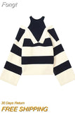 Women Sweaters Striped Fake Two Pieces Off Shoulder Slash neck Pullovers Womens Trendy 2023 Autumn Winter New Chic Knitwear
