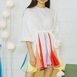 Spring Hit Color Patchwork Womens Dress O Neck Puff Sleeve Bandage Pleated Dresses Female 2022 Casual Fashion