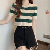 Fongt Classic Bump Striped Short-Sleeved Ice Silk Knitted Women's Summer T-Shirt Short Repair Small Shirt