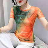 Located Printing Floral Mesh Top Women O Neck Short Sleeve T Shirts Lady Elegant High Stretchy Tee T-Shirt-Outfit