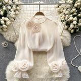 Fongt Shirt Female Design Sense Small Three-Dimensional Flower Bubble Sleeves To Reduce The Age Of Pure Color Chiffon Shirt Women's Long-Sleeved Top