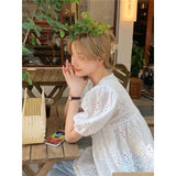 White Design Engraved Empty Lace Blouse Ladies' Summer Baggy Short-Sleeved Shirt Bubble Sleeve Shirt-Outfit