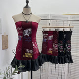 Fongt Oil Painting Print Collar A Word Twisted Folded Short-Sleeved Trumpet Blouse 9907