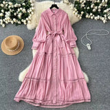 Fongt High-End Retro Collar Single Buckle Lantern Sleeve Dress Women's Hollow Lace To Receive Long Waist Skirt
